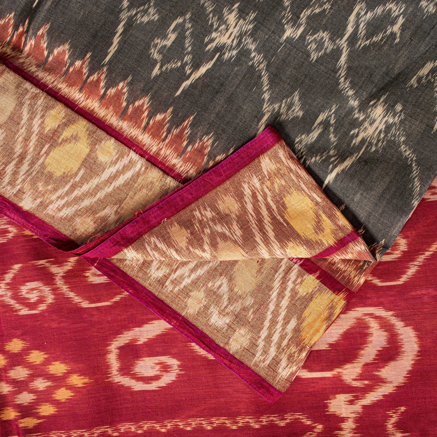 Sanskriti Vintage Red-Black Cotton Silk Sarees Ikat Hand Woven Sambhalpuri 5.5Yd