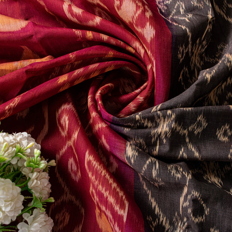 Sanskriti Vintage Red-Black Cotton Silk Sarees Ikat Hand Woven Sambhalpuri 5.5Yd