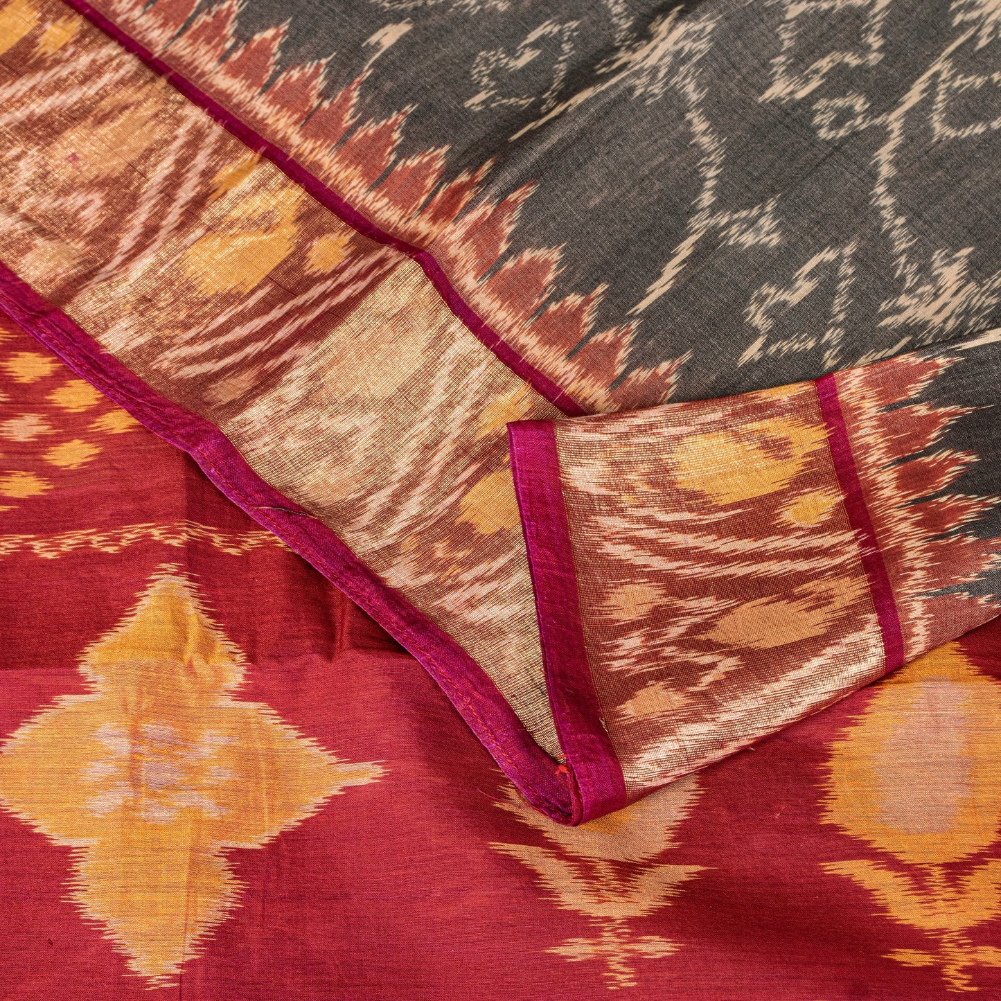 Sanskriti Vintage Red-Black Cotton Silk Sarees Ikat Hand Woven Sambhalpuri 5.5Yd