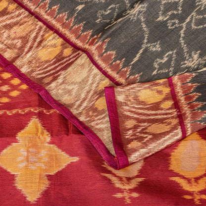 Sanskriti Vintage Red-Black Cotton Silk Sarees Ikat Hand Woven Sambhalpuri 5.5Yd