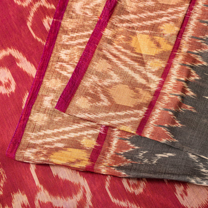 Sanskriti Vintage Red-Black Cotton Silk Sarees Ikat Hand Woven Sambhalpuri 5.5Yd