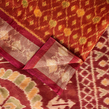 Sanskriti Vintage Red Cotton Silk Sarees Ikat Hand Woven Sambhalpuri 5.5Yd Sari