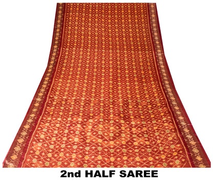 Sanskriti Vintage Red Cotton Silk Sarees Ikat Hand Woven Sambhalpuri 5.5Yd Sari