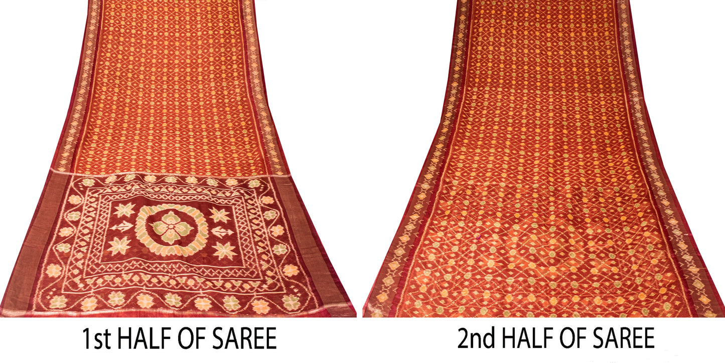 Sanskriti Vintage Red Cotton Silk Sarees Ikat Hand Woven Sambhalpuri 5.5Yd Sari