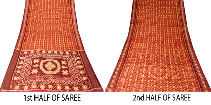 Sanskriti Vintage Red Cotton Silk Sarees Ikat Hand Woven Sambhalpuri 5.5Yd Sari