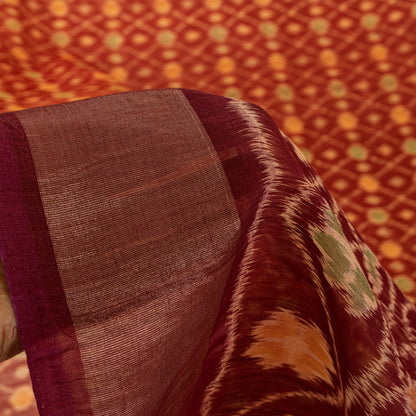 Sanskriti Vintage Red Cotton Silk Sarees Ikat Hand Woven Sambhalpuri 5.5Yd Sari