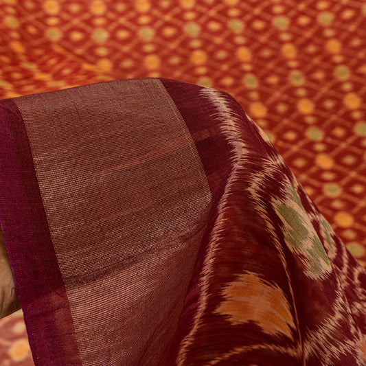 Sanskriti Vintage Red Cotton Silk Sarees Ikat Hand Woven Sambhalpuri 5.5Yd Sari