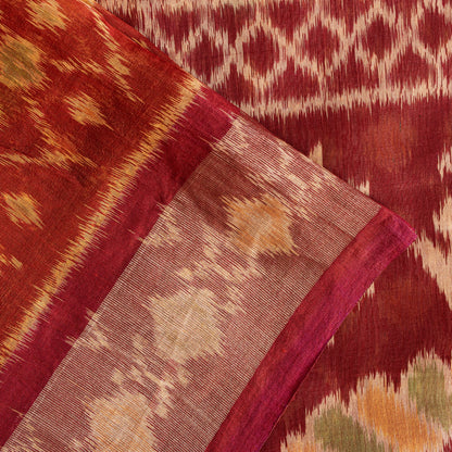 Sanskriti Vintage Red Cotton Silk Sarees Ikat Hand Woven Sambhalpuri 5.5Yd Sari