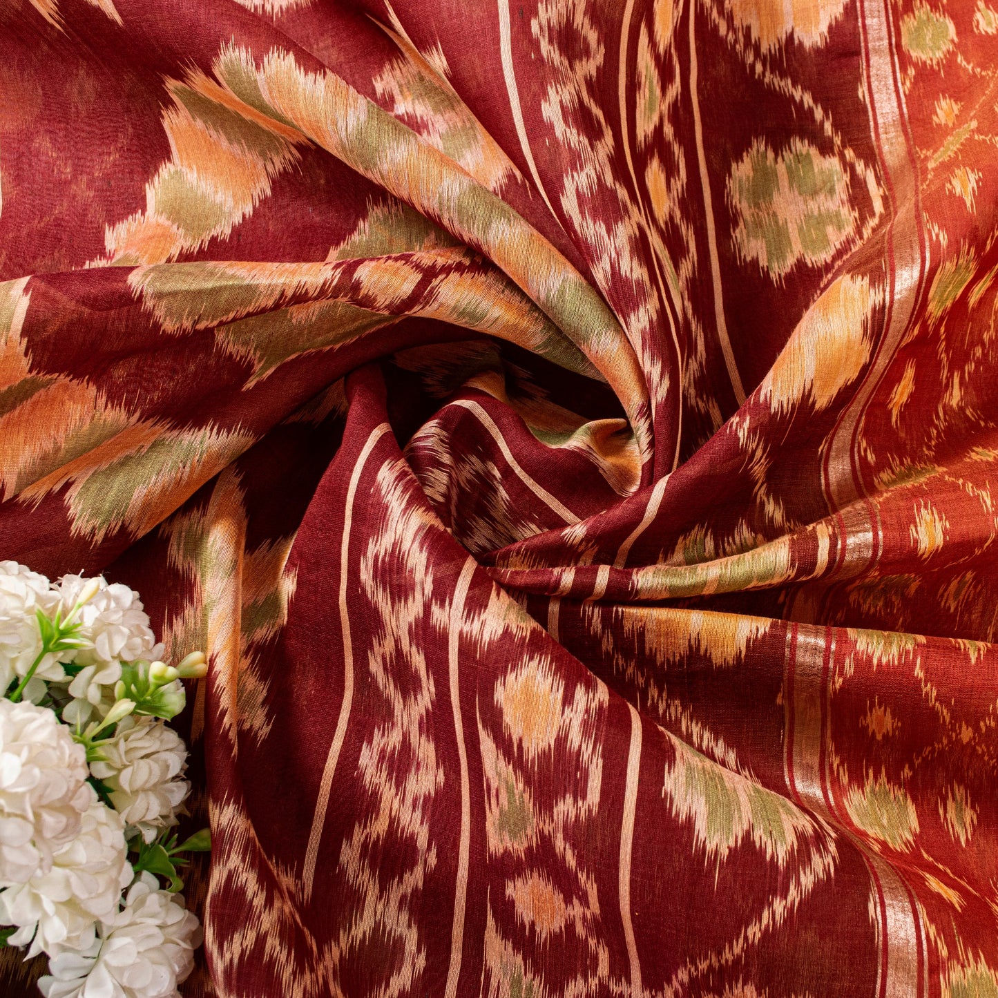 Sanskriti Vintage Red Cotton Silk Sarees Ikat Hand Woven Sambhalpuri 5.5Yd Sari