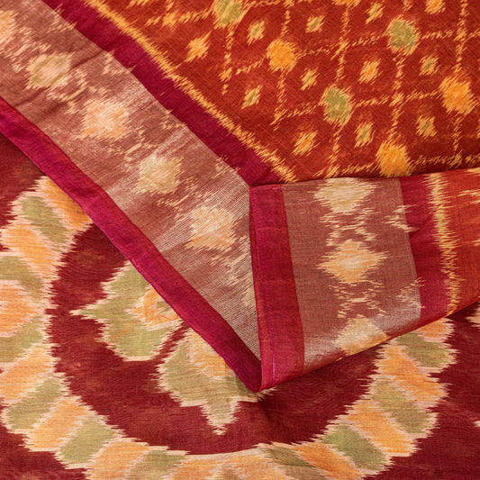 Sanskriti Vintage Red Cotton Silk Sarees Ikat Hand Woven Sambhalpuri 5.5Yd Sari