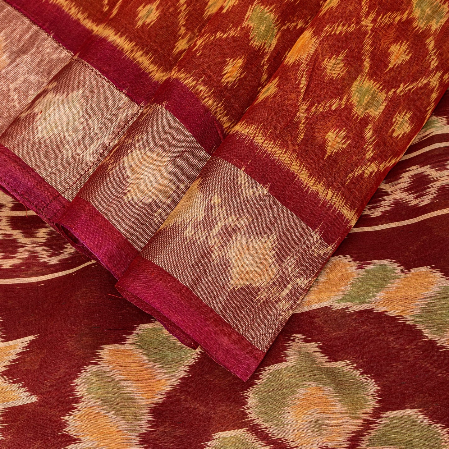 Sanskriti Vintage Red Cotton Silk Sarees Ikat Hand Woven Sambhalpuri 5.5Yd Sari