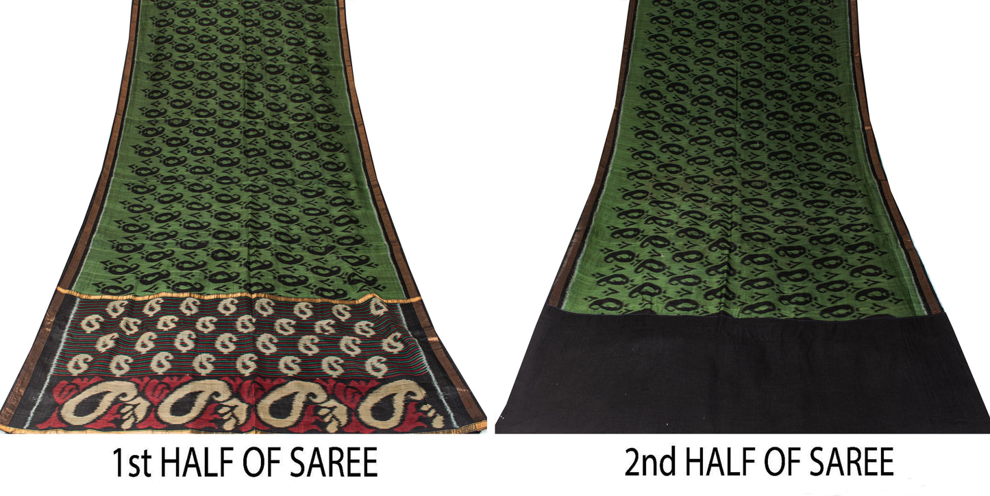 Sanskriti Vintage Green Blend Cotton Sarees Ikat Hand Woven Sambhalpuri 5.5Yd