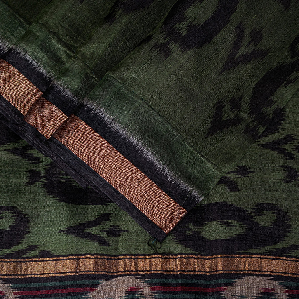 Sanskriti Vintage Green Blend Cotton Sarees Ikat Hand Woven Sambhalpuri 5.5Yd