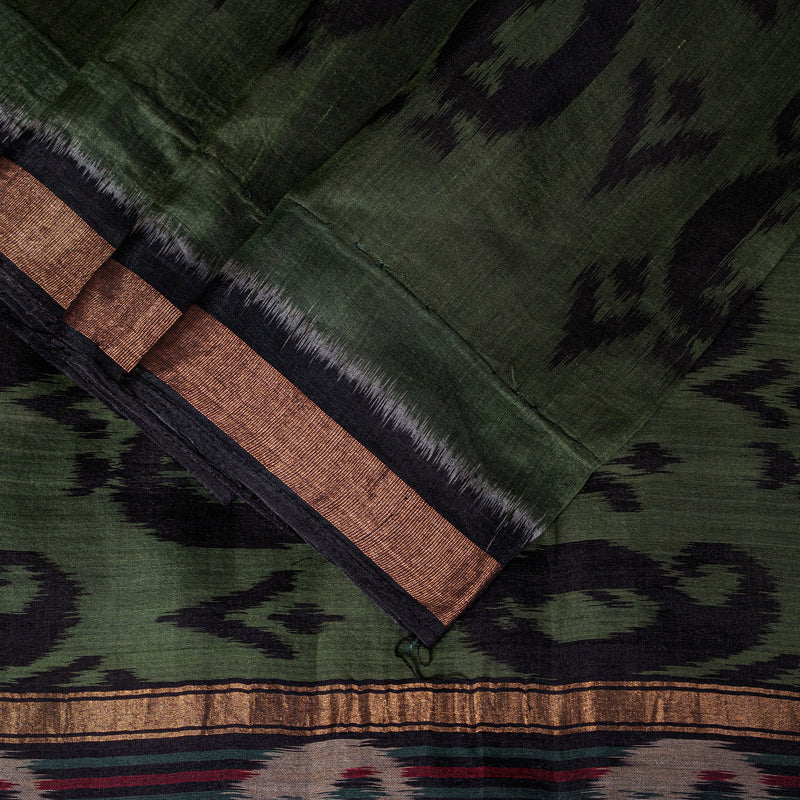 Sanskriti Vintage Green Blend Cotton Sarees Ikat Hand Woven Sambhalpuri 5.5Yd