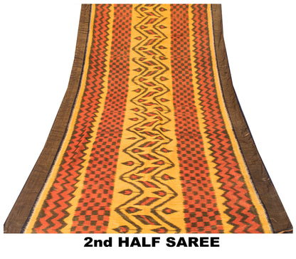 Sanskriti Vintage Red Cotton Silk Sarees Ikat Hand Woven Sambhalpuri 5.5 Yd Sari
