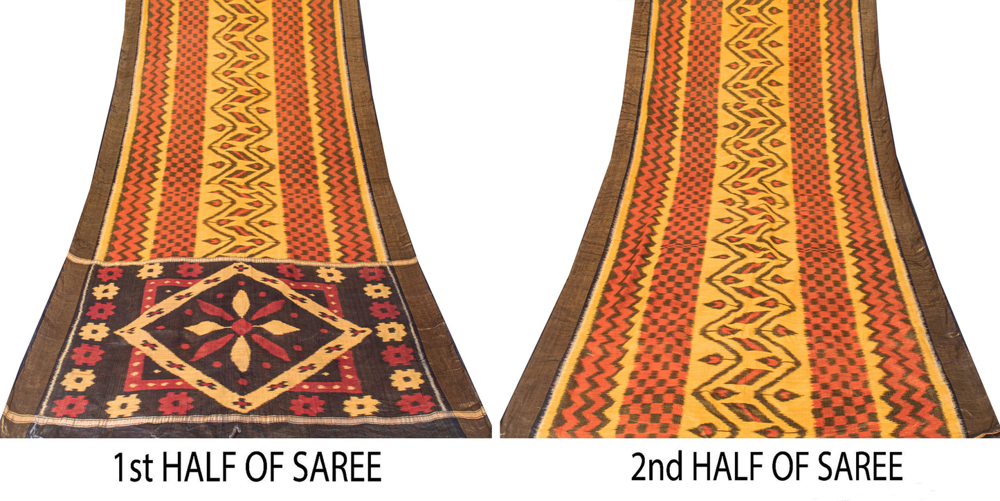 Sanskriti Vintage Red Cotton Silk Sarees Ikat Hand Woven Sambhalpuri 5.5 Yd Sari