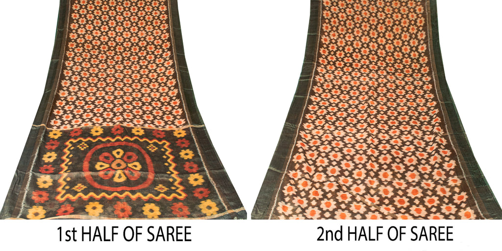 Sanskriti Vintage Black Cotton Silk Sarees Ikat Hand Woven Sambhalpuri 5 Yd Sari