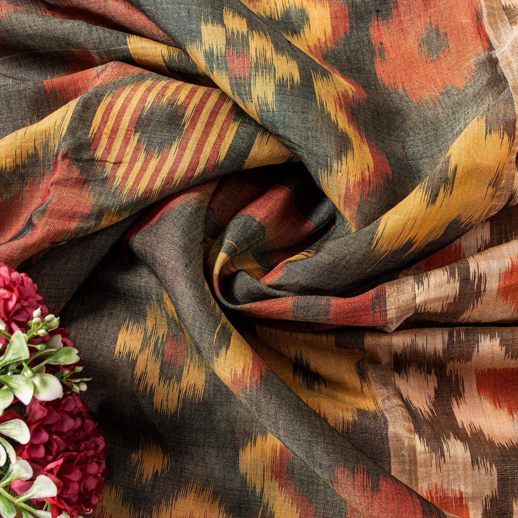 Sanskriti Vintage Black Cotton Silk Sarees Ikat Hand Woven Sambhalpuri 5 Yd Sari