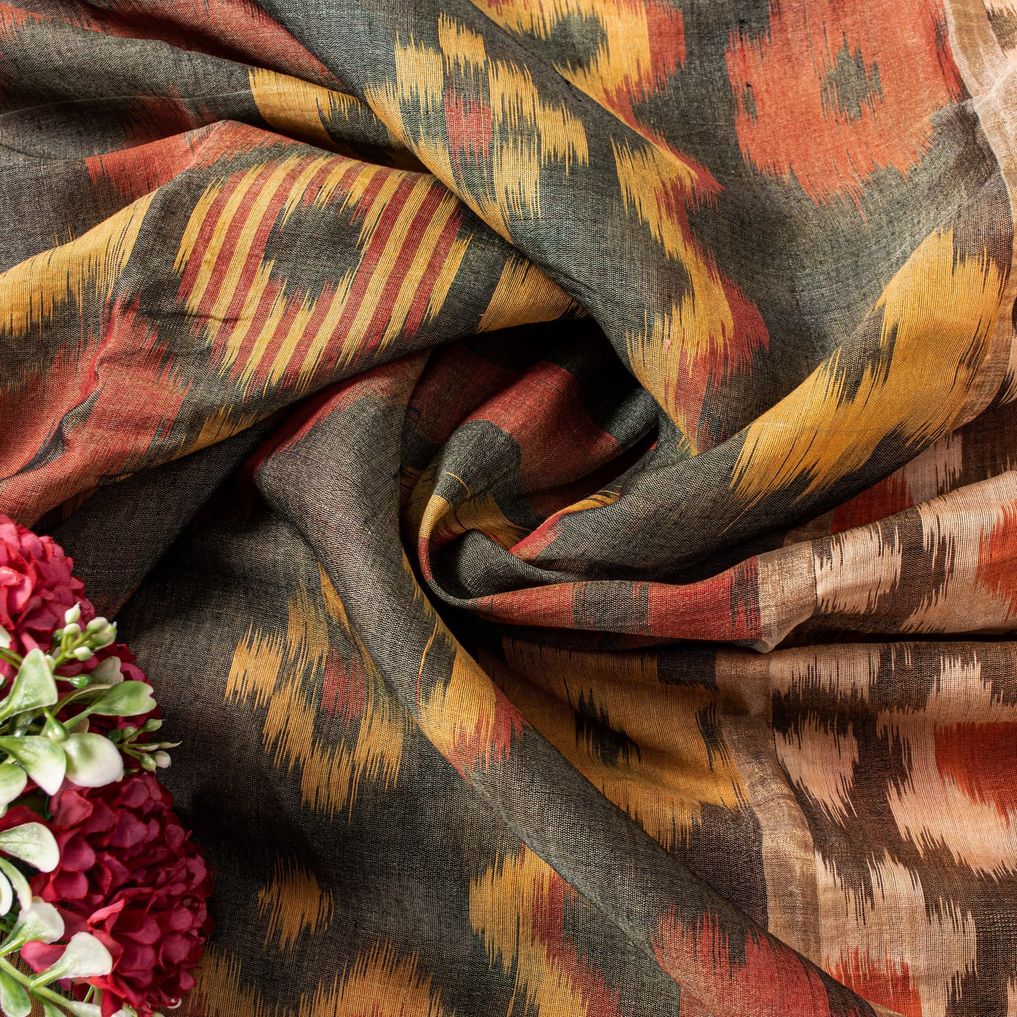 Sanskriti Vintage Black Cotton Silk Sarees Ikat Hand Woven Sambhalpuri 5 Yd Sari