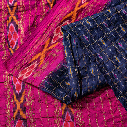 Sanskriti Vintage Blue Pure Silk Sarees Ikat Hand Woven Pochampally 5+Yd Sari