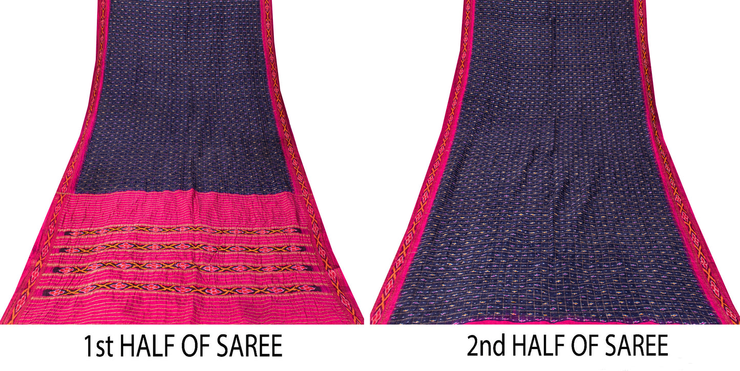 Sanskriti Vintage Blue Pure Silk Sarees Ikat Hand Woven Pochampally 5+Yd Sari