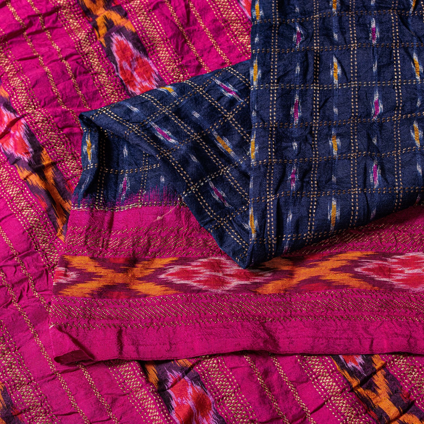 Sanskriti Vintage Blue Pure Silk Sarees Ikat Hand Woven Pochampally 5+Yd Sari