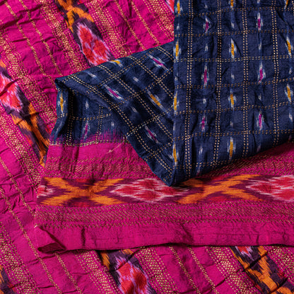 Sanskriti Vintage Blue Pure Silk Sarees Ikat Hand Woven Pochampally 5+Yd Sari