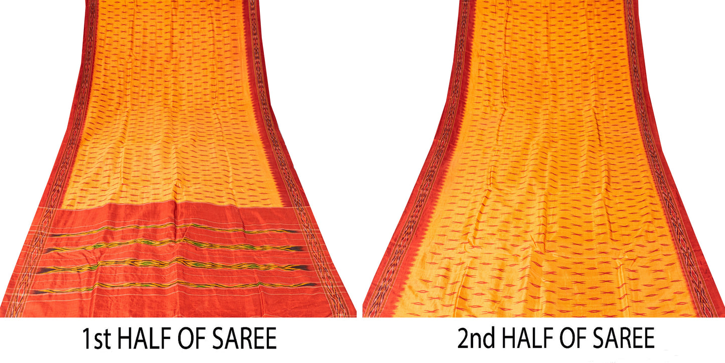 Sanskriti Vintage Yellow Pure Silk Sarees Ikat Hand Woven Pochampally 5+Yd Sari