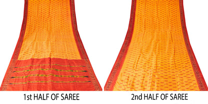 Sanskriti Vintage Yellow Pure Silk Sarees Ikat Hand Woven Pochampally 5+Yd Sari