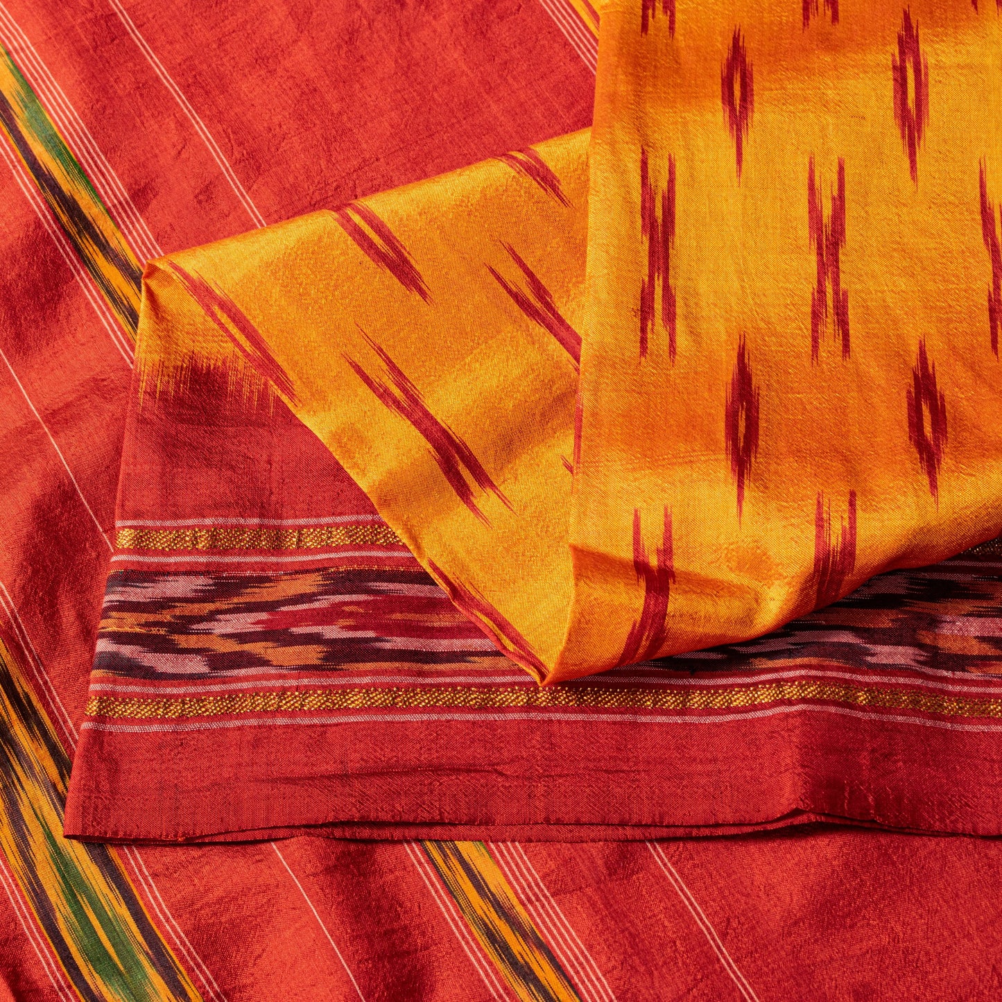 Sanskriti Vintage Yellow Pure Silk Sarees Ikat Hand Woven Pochampally 5+Yd Sari