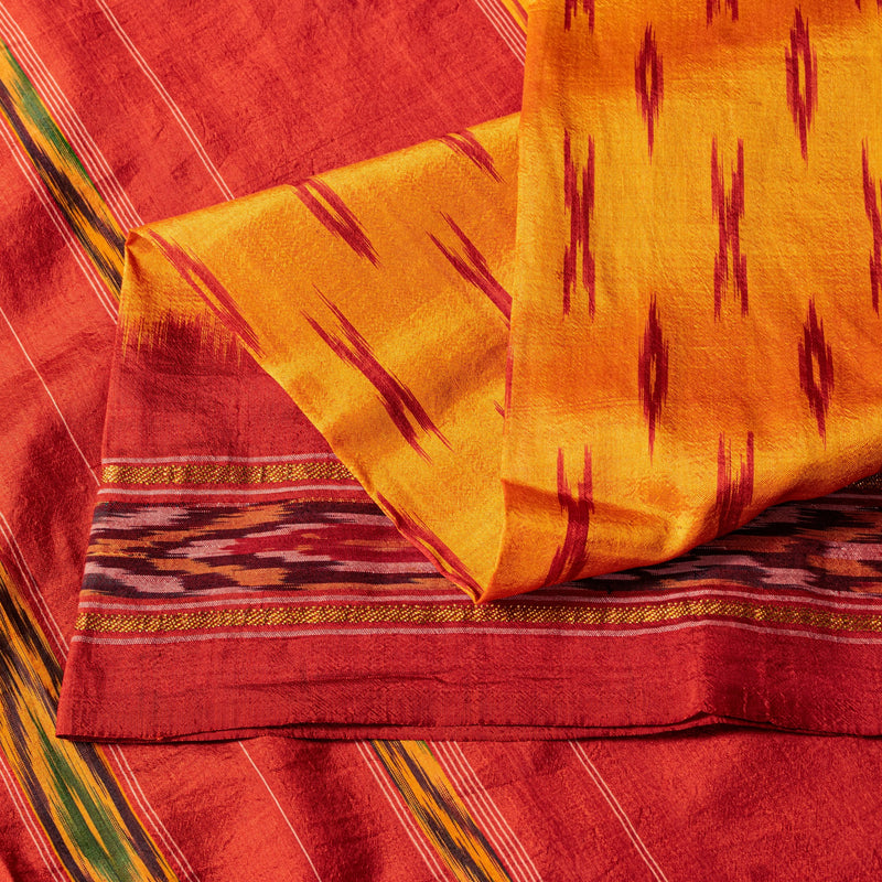 Sanskriti Vintage Yellow Pure Silk Sarees Ikat Hand Woven Pochampally 5+Yd Sari
