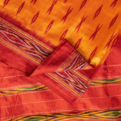 Sanskriti Vintage Yellow Pure Silk Sarees Ikat Hand Woven Pochampally 5+Yd Sari