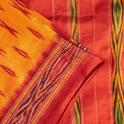 Sanskriti Vintage Yellow Pure Silk Sarees Ikat Hand Woven Pochampally 5+Yd Sari