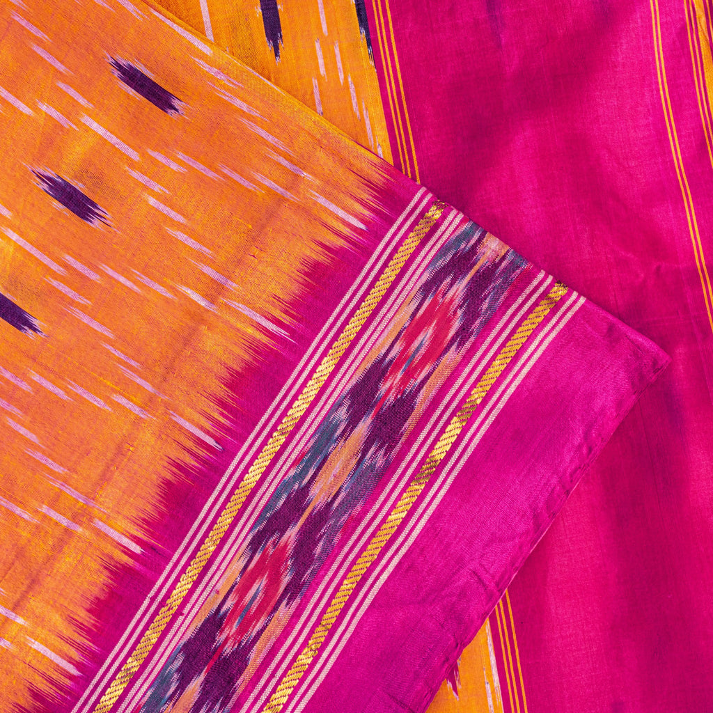 Sanskriti Vintage Yellow Pure Silk Sarees Ikat Hand Woven Pochampally 5+Yd Sari