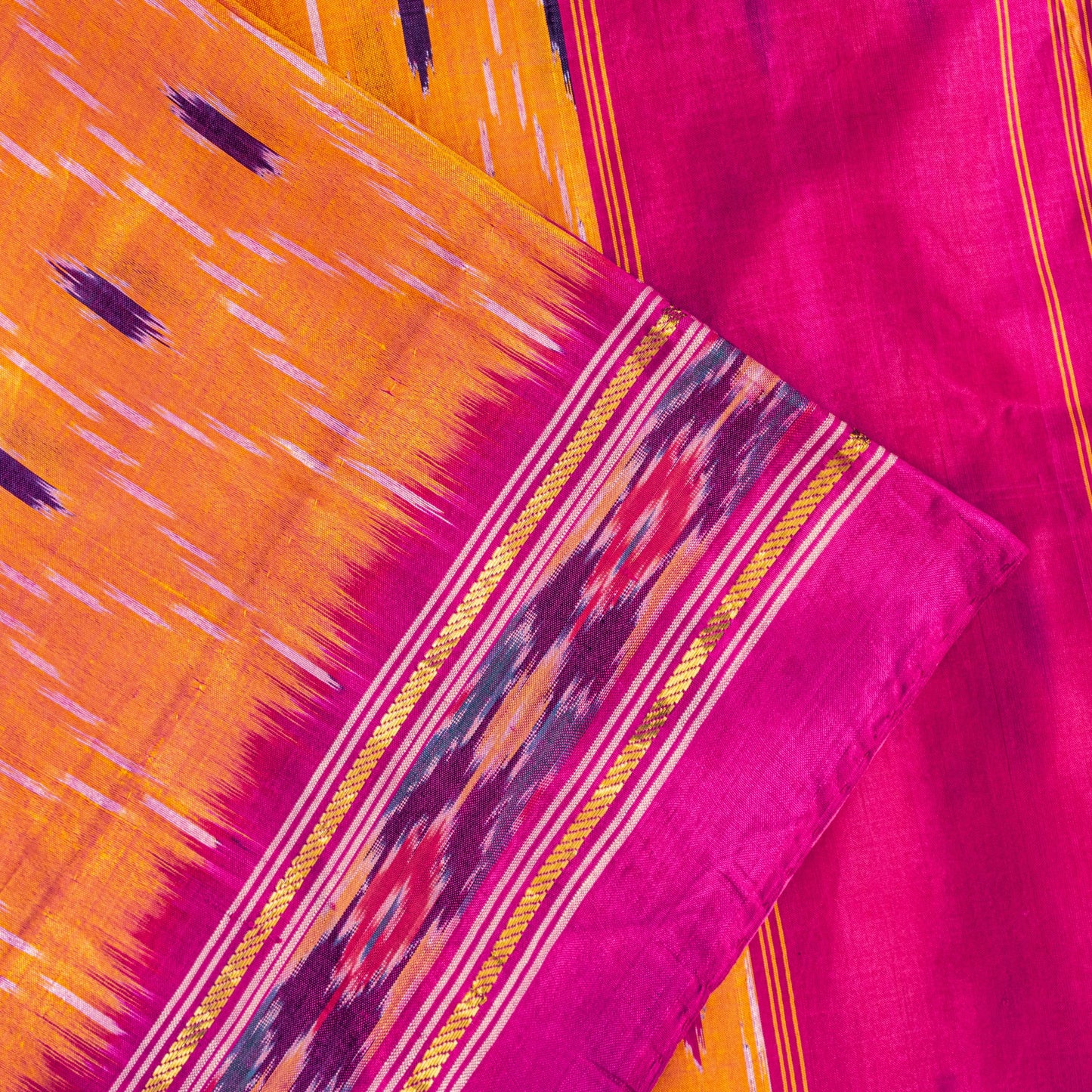 Sanskriti Vintage Yellow Pure Silk Sarees Ikat Hand Woven Pochampally 5+Yd Sari