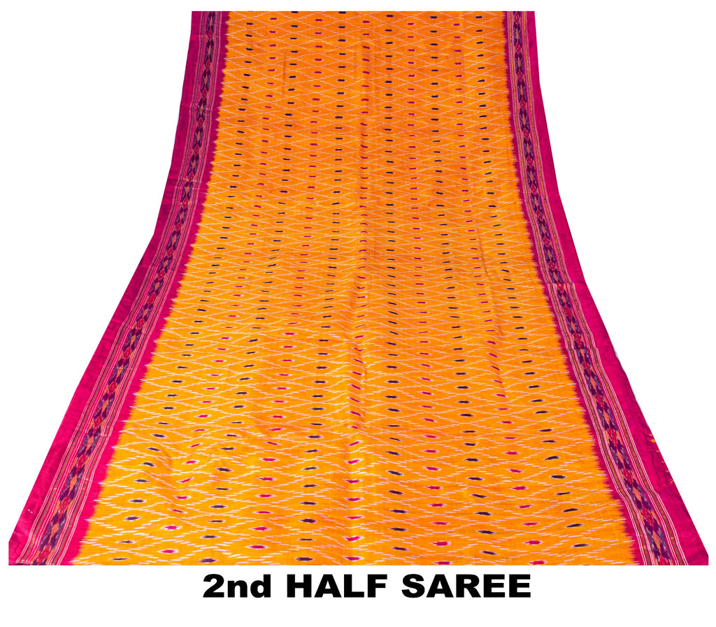 Sanskriti Vintage Yellow Pure Silk Sarees Ikat Hand Woven Pochampally 5+Yd Sari