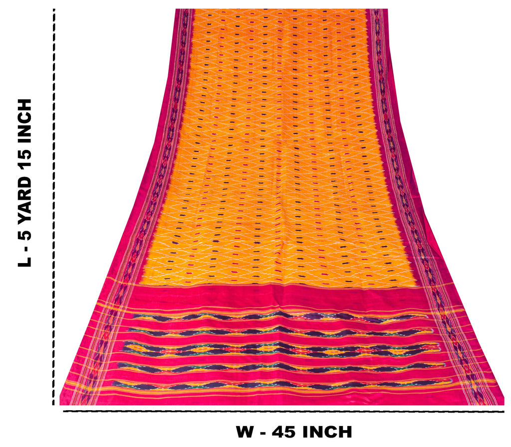 Sanskriti Vintage Yellow Pure Silk Sarees Ikat Hand Woven Pochampally 5+Yd Sari