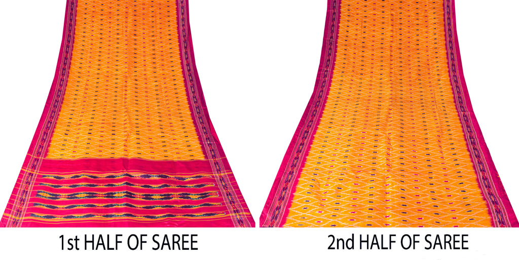 Sanskriti Vintage Yellow Pure Silk Sarees Ikat Hand Woven Pochampally 5+Yd Sari