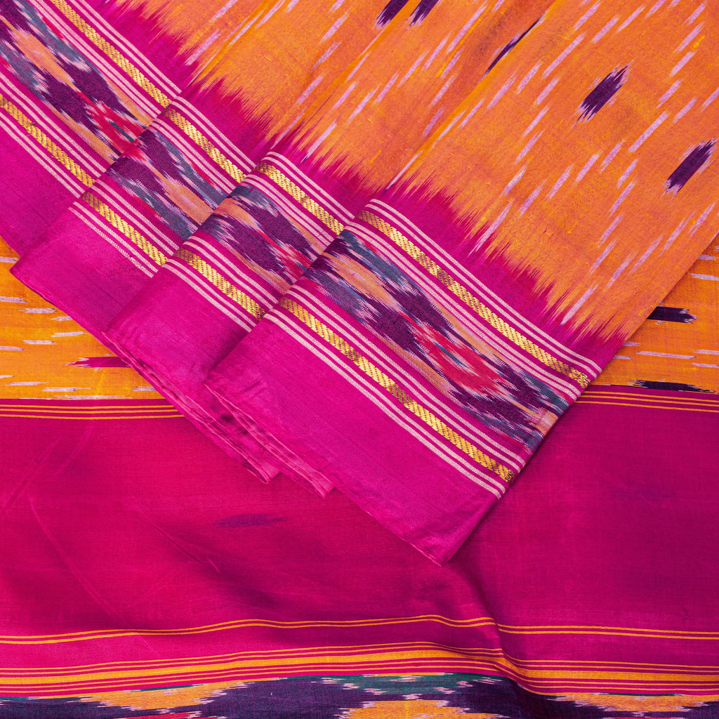 Sanskriti Vintage Yellow Pure Silk Sarees Ikat Hand Woven Pochampally 5+Yd Sari