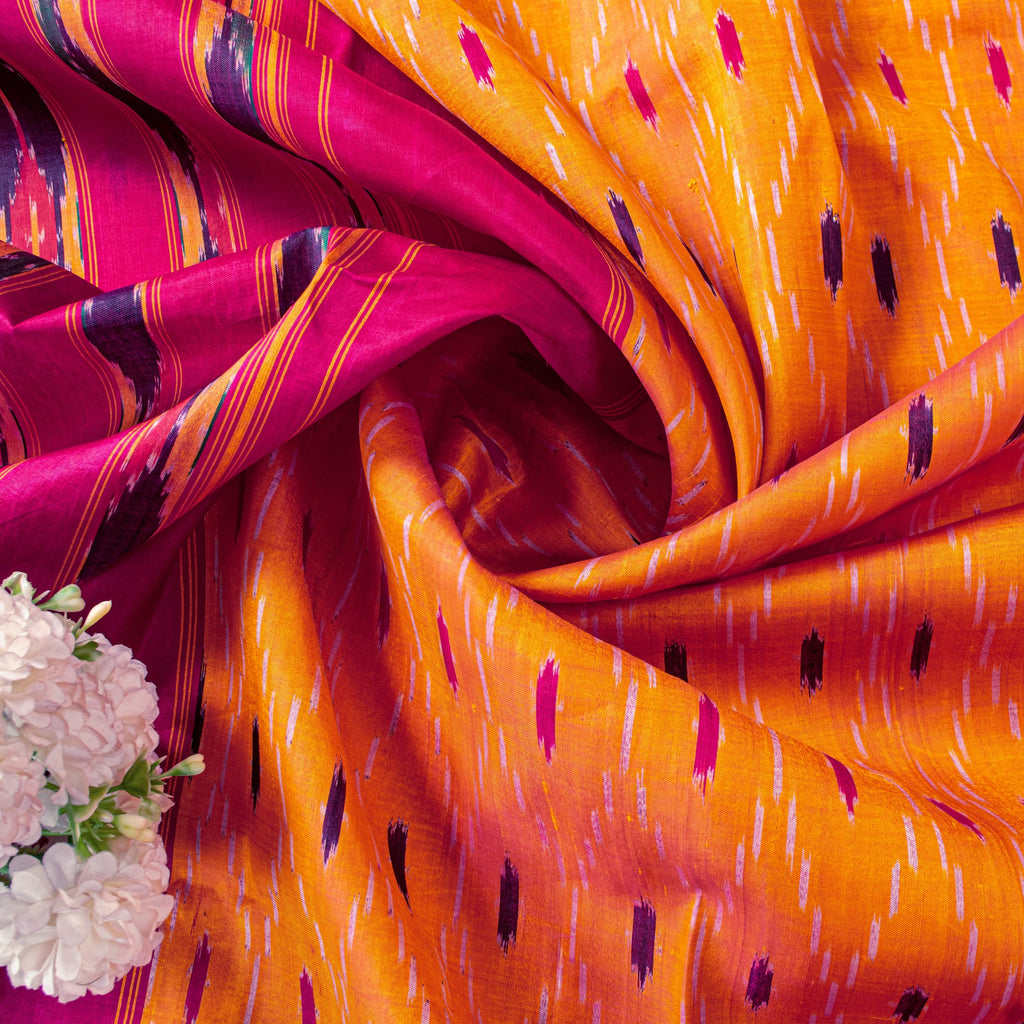 Sanskriti Vintage Yellow Pure Silk Sarees Ikat Hand Woven Pochampally 5+Yd Sari