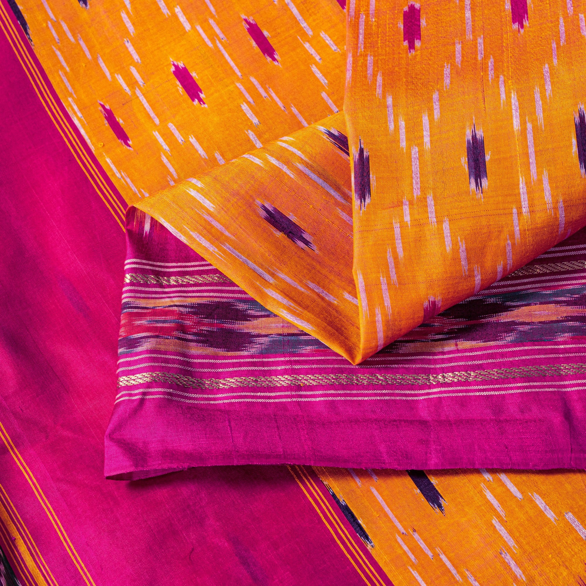 Sanskriti Vintage Yellow Pure Silk Sarees Ikat Hand Woven Pochampally 5+Yd Sari