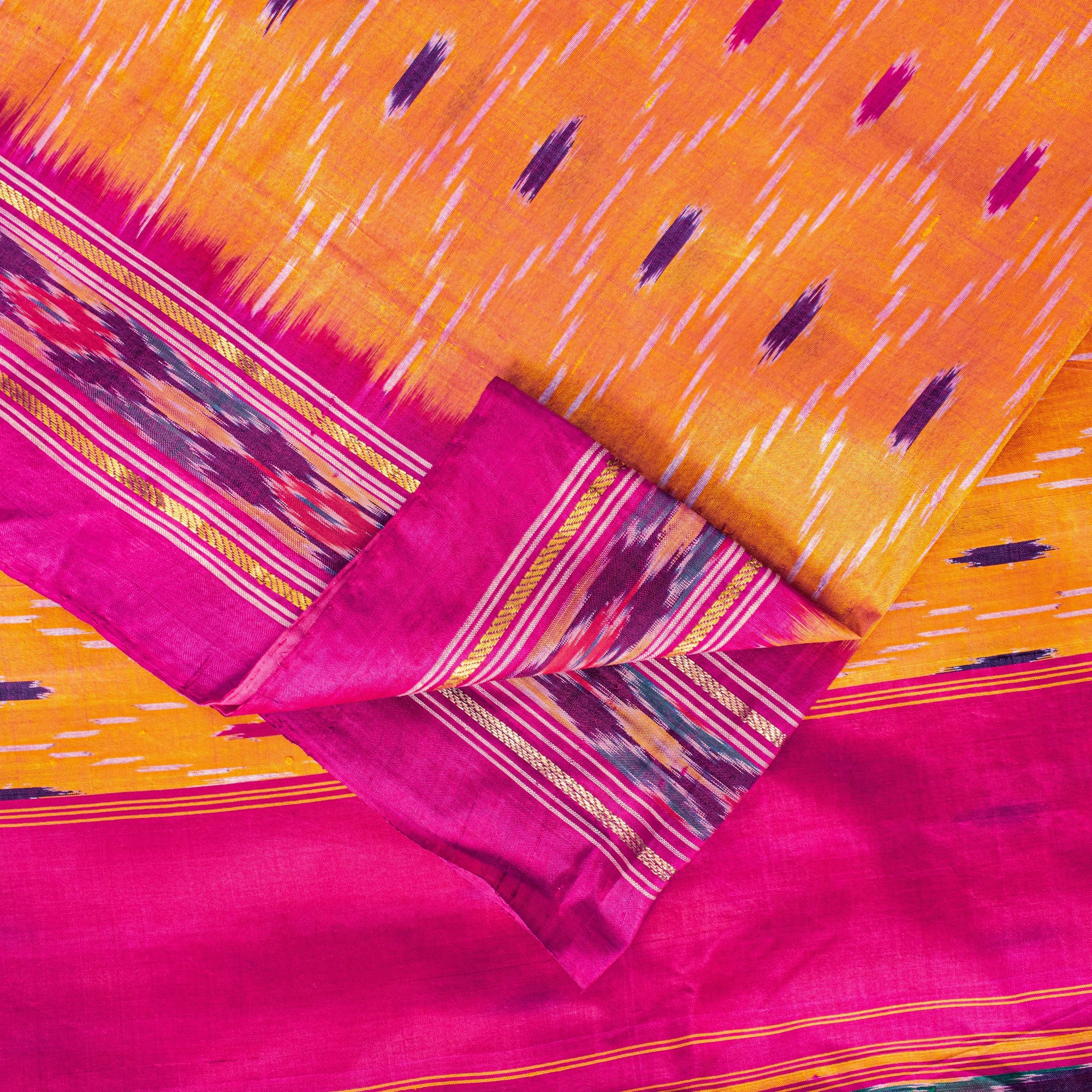 Sanskriti Vintage Yellow Pure Silk Sarees Ikat Hand Woven Pochampally 5+Yd Sari