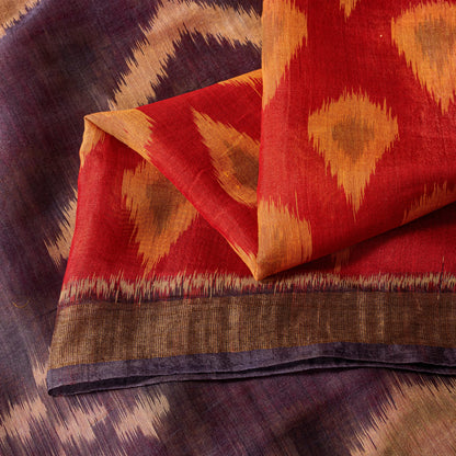 Sanskriti Vintage Red Cotton Silk Sarees Ikat Hand Woven Sambhalpuri 5.5Yd Sari