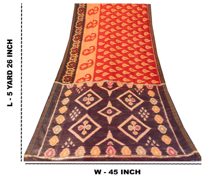 Sanskriti Vintage Red Cotton Silk Sarees Ikat Hand Woven Sambhalpuri 5.5Yd Sari