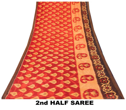 Sanskriti Vintage Red Cotton Silk Sarees Ikat Hand Woven Sambhalpuri 5.5Yd Sari