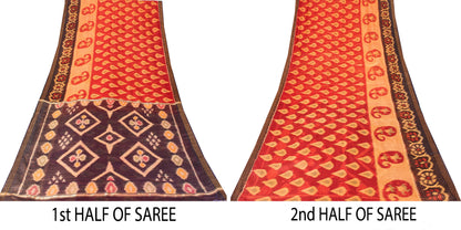 Sanskriti Vintage Red Cotton Silk Sarees Ikat Hand Woven Sambhalpuri 5.5Yd Sari