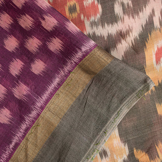 Sanskriti Vintage Purple Cotton Silk Sarees Ikat Hand Woven Sambhalpuri 5.5 Yd