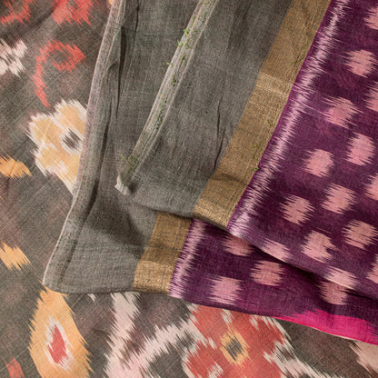 Sanskriti Vintage Purple Cotton Silk Sarees Ikat Hand Woven Sambhalpuri 5.5 Yd