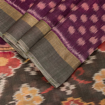 Sanskriti Vintage Purple Cotton Silk Sarees Ikat Hand Woven Sambhalpuri 5.5 Yd
