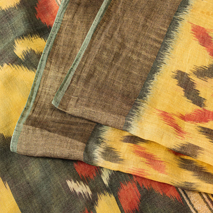 Sanskriti Vintage Yellow Cotton Silk Sarees Ikat Hand Woven Sambhalpuri 5.5 Yard